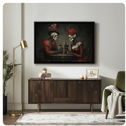 Dark romantic gothic skeleton couple oil painting style framed canvas wall art above wooden sideboard in eclectic living room
Notes: