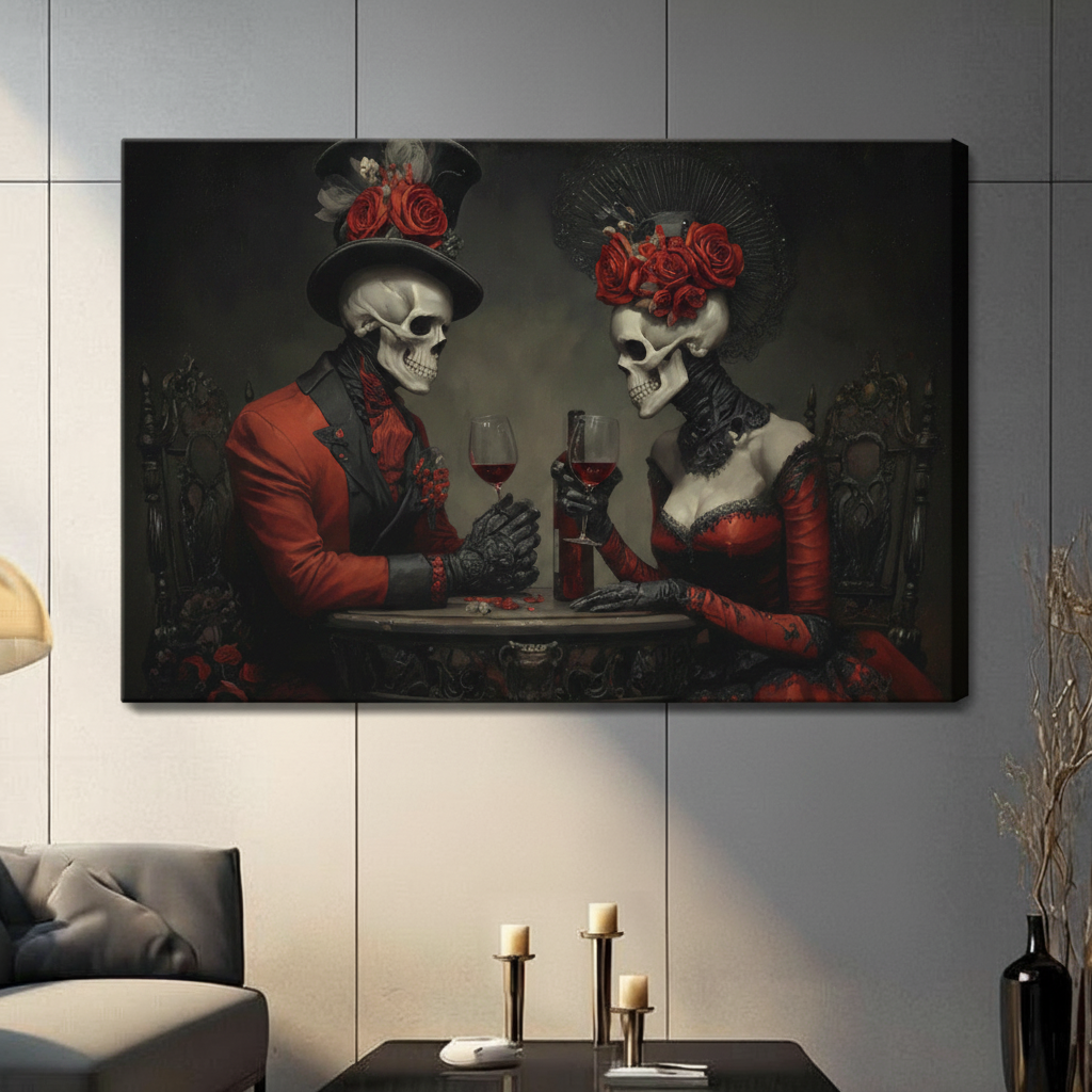 Dark gothic skeleton lovers in red Victorian attire with roses, unframed canvas print wall art for living room decor