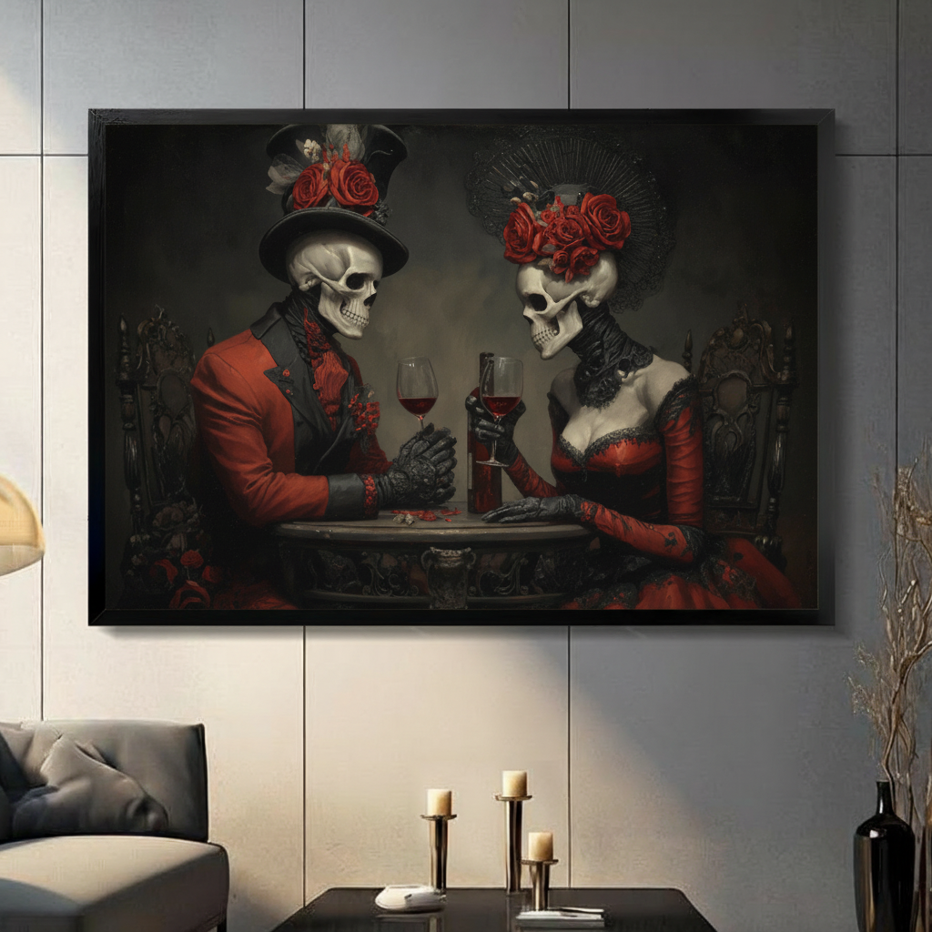 Gothic skeleton couple sharing red wine at ornate table, framed black canvas wall art displayed in moody living room