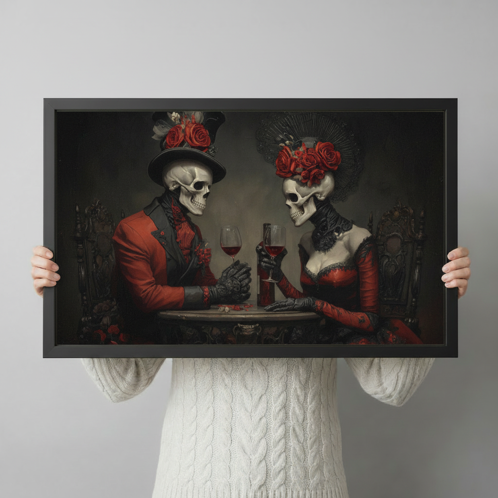 Person holding gothic skeleton couple framed wall art print showing scale, dark romantic Victorian skull design with red roses