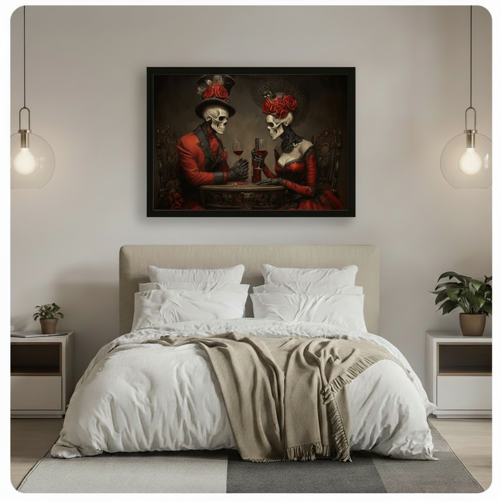 Gothic skeleton couple with red roses and wine framed canvas art hung above bed in neutral bedroom interior