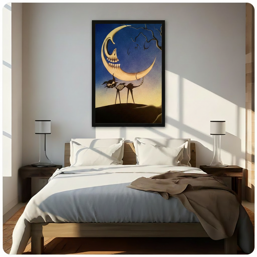 Gothic skeleton moon and black skeleton cat framed canvas displayed above bed in sunlit neutral bedroom - dark fantasy illustration wall art with grinning skull moon and golden amber sky for dramatic bedroom decor