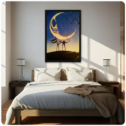 Gothic skeleton moon and black skeleton cat framed canvas displayed above bed in sunlit neutral bedroom - dark fantasy illustration wall art with grinning skull moon and golden amber sky for dramatic bedroom decor