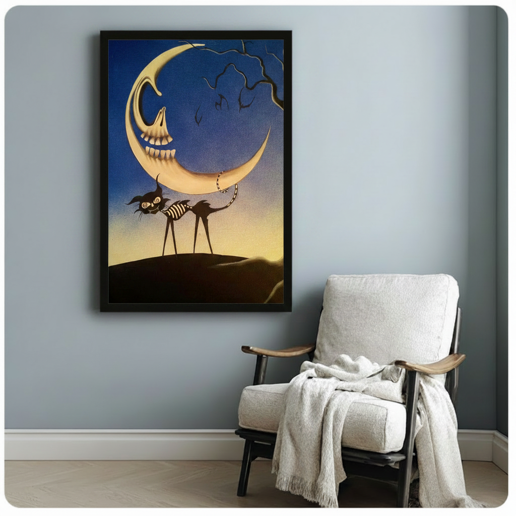Framed gothic skeleton crescent moon with grinning skeleton cat wall art beside wooden accent chair with linen throw - spooky dark fantasy canvas print with skull moon and bare tree for eclectic reading nook