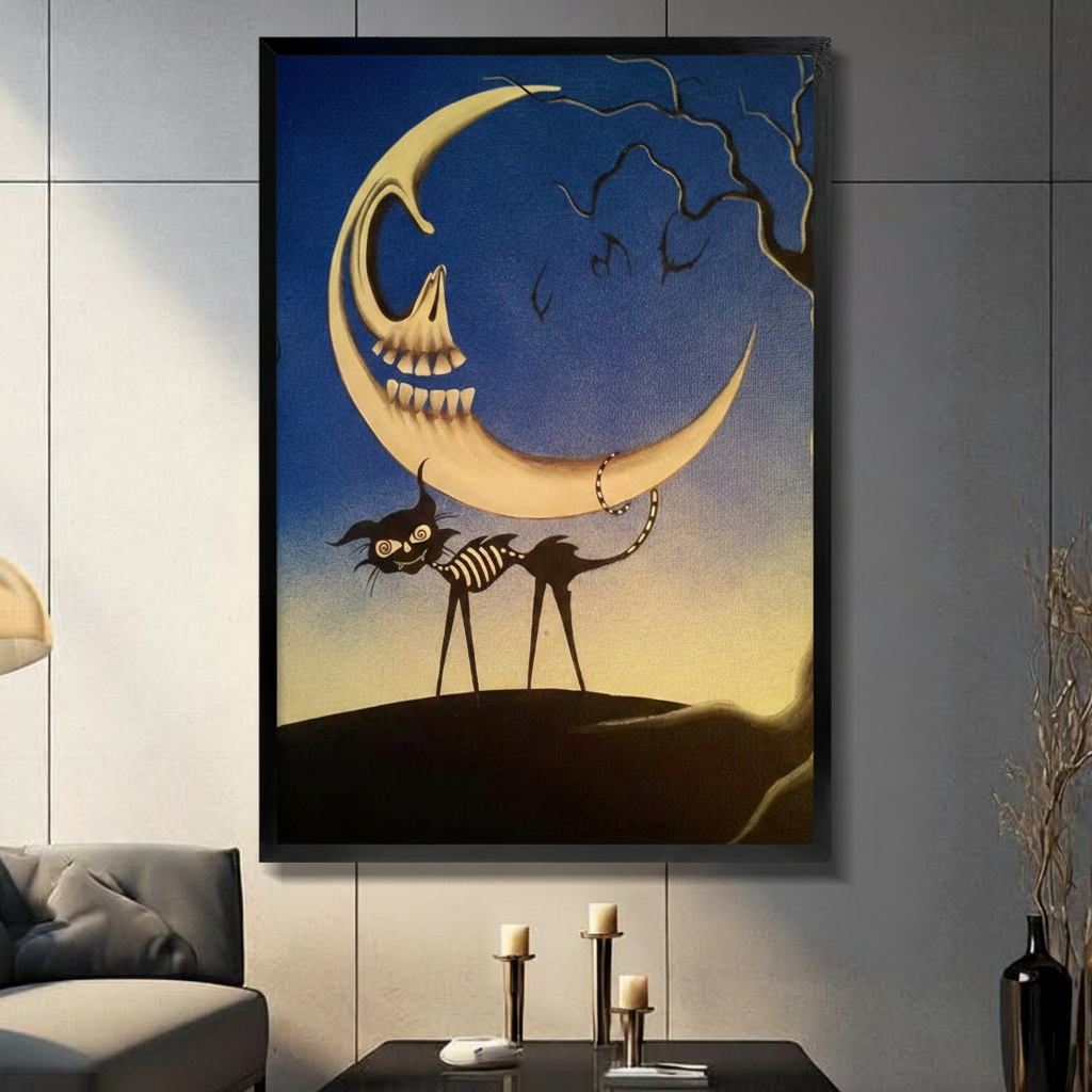 Gothic skeleton crescent moon with grinning black skeleton cat framed wall art - dark fantasy illustration canvas print with deep blue night sky golden moon and bare tree silhouette for living room decor