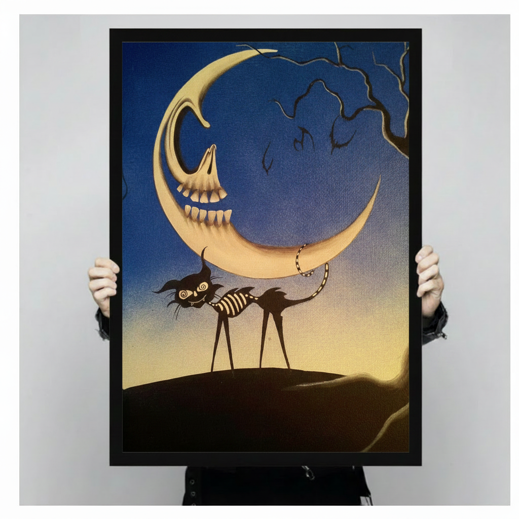 Hands holding large framed gothic skeleton moon black cat canvas print - full artwork detail of grinning skull crescent moon long-legged skeleton cat striped ribcage and twisted bare tree on deep blue night sky
