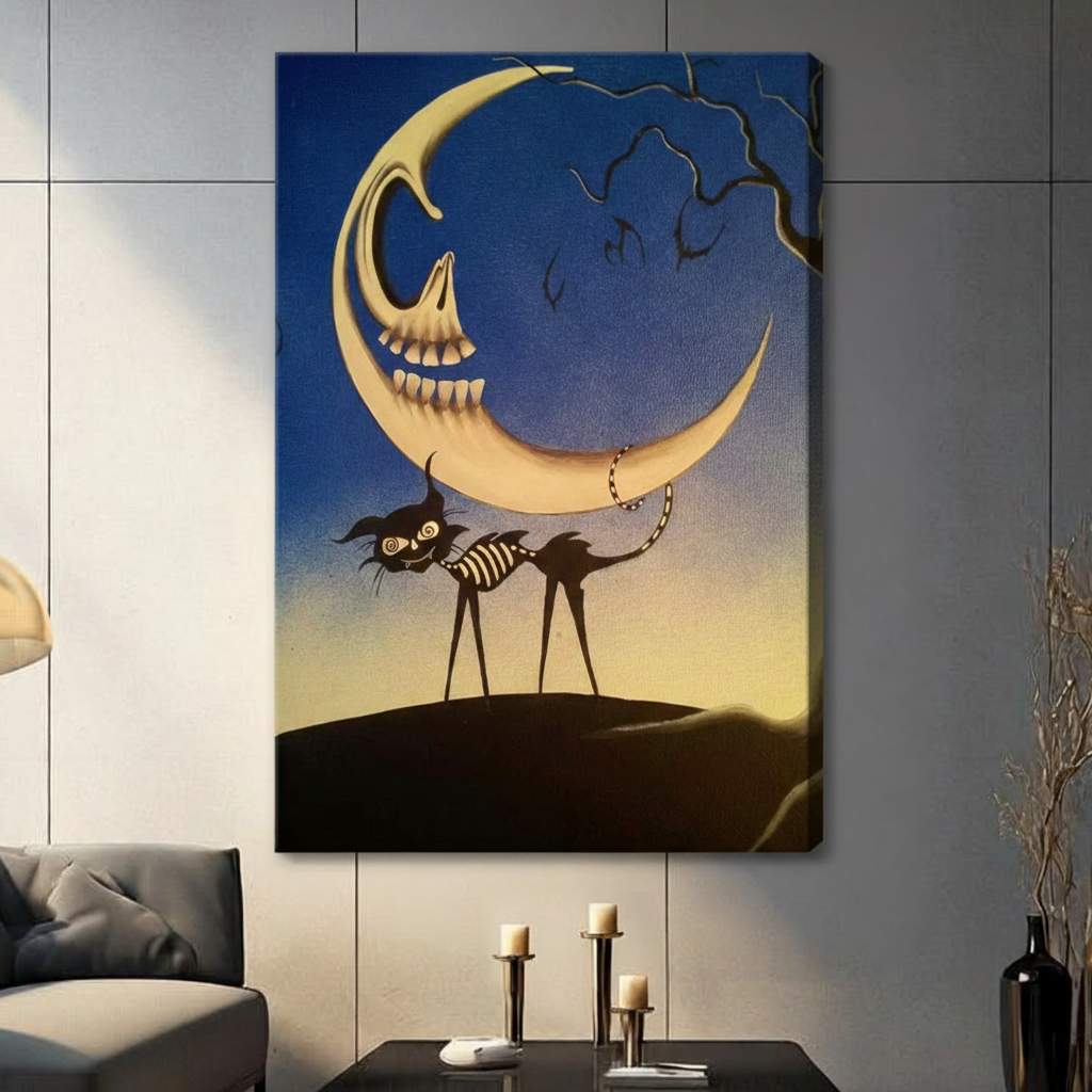 Unframed gothic skeleton moon and black skeleton cat canvas print - eerie dark fantasy wall art with grinning crescent moon skull golden amber gradient sky and spooky bare tree for contemporary home decor