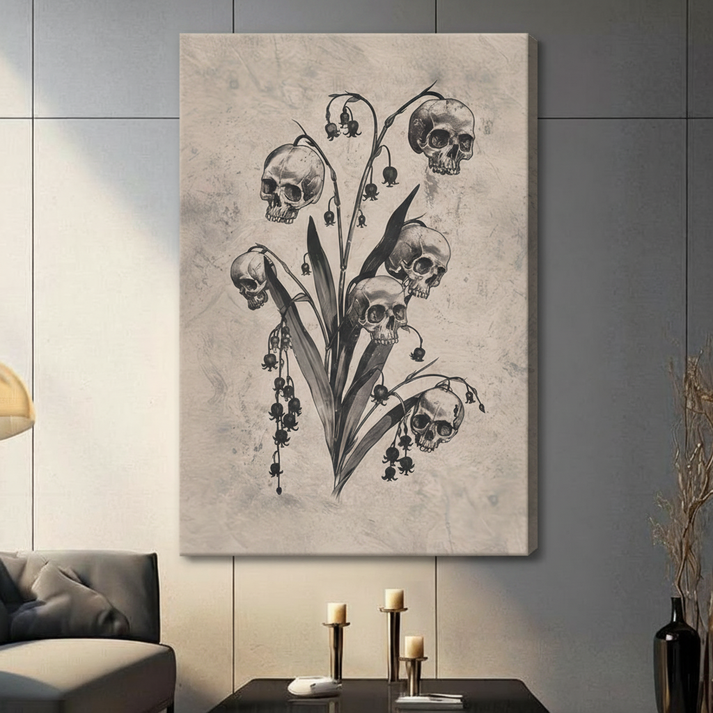 Unframed stretched canvas print of a dark botanical illustration featuring five skulls blooming from a lily of the valley stem with hanging black berries in gothic charcoal sketch style on a warm distressed beige background