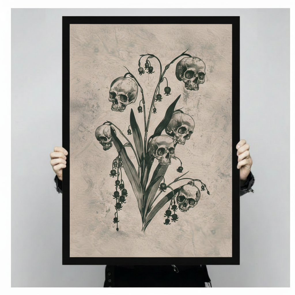 Person holding a large black framed gothic skull lily of the valley canvas art print showing print size scale and detailed charcoal sketch texture of five skulls blooming from a botanical stem on distressed beige background
