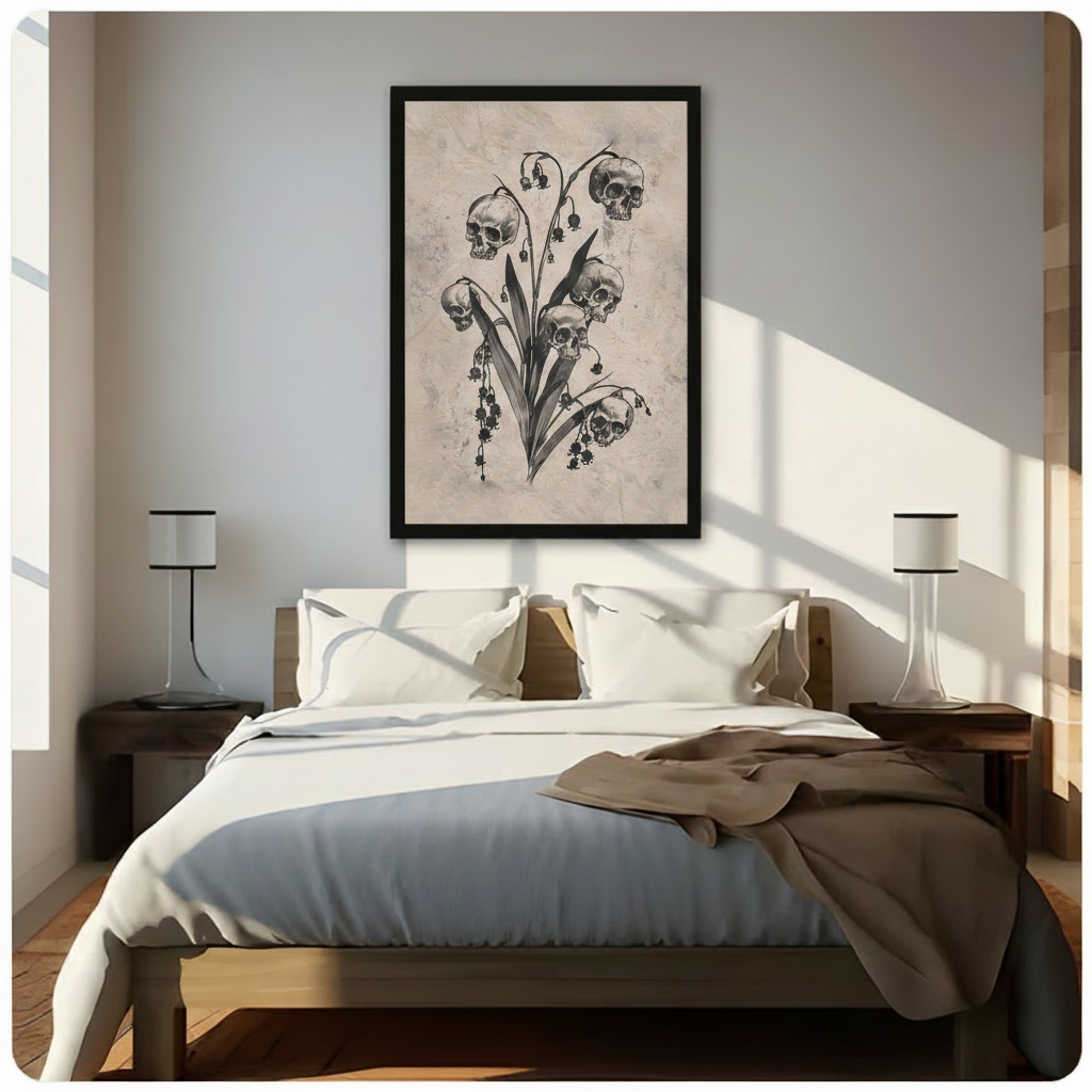 Framed gothic dark botanical skull lily of the valley canvas wall art with five skulls replacing flower blooms on a leafy stem in vintage charcoal illustration style on aged beige background hung above a wooden bed with white bedding in a sunlit bedroom