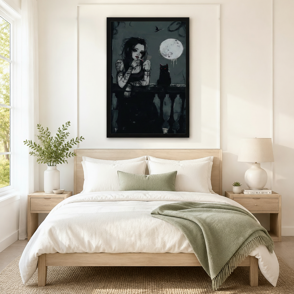 Striking framed dark gothic wall art of a tattooed woman and black cat silhouetted against a dripping full moon on a night balcony, displayed above a white and sage linen bed in a serene Scandinavian bedroom