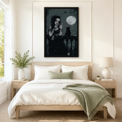 Striking framed dark gothic wall art of a tattooed woman and black cat silhouetted against a dripping full moon on a night balcony, displayed above a white and sage linen bed in a serene Scandinavian bedroom