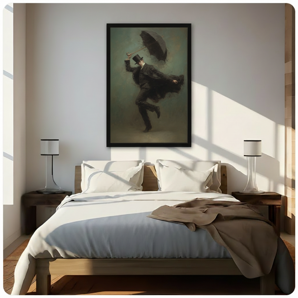 Dramatic dark oil painting of Victorian man in windstorm black framed canvas art mounted above bed in bright natural light bedroom