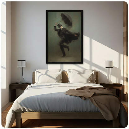 Dramatic dark oil painting of Victorian man in windstorm black framed canvas art mounted above bed in bright natural light bedroom
