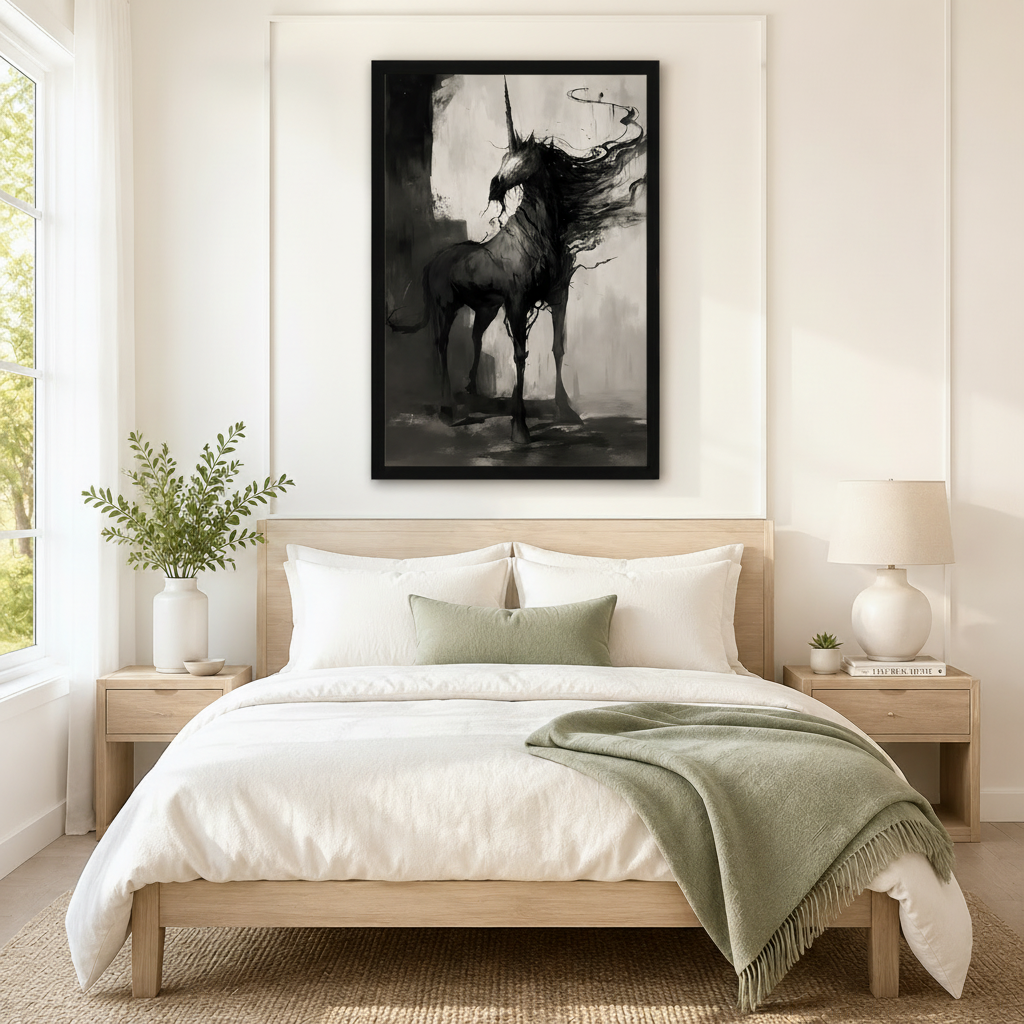 Dark gothic unicorn black framed wall art print above bed in minimalist Scandinavian bedroom with sage green accents
