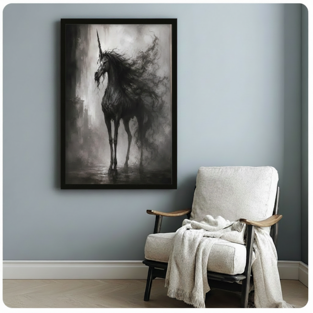 Dark gothic unicorn with flowing mane in foggy ruins framed poster beside cozy armchair, black and gray fantasy horse wall art in black frame on blue-gray wall
