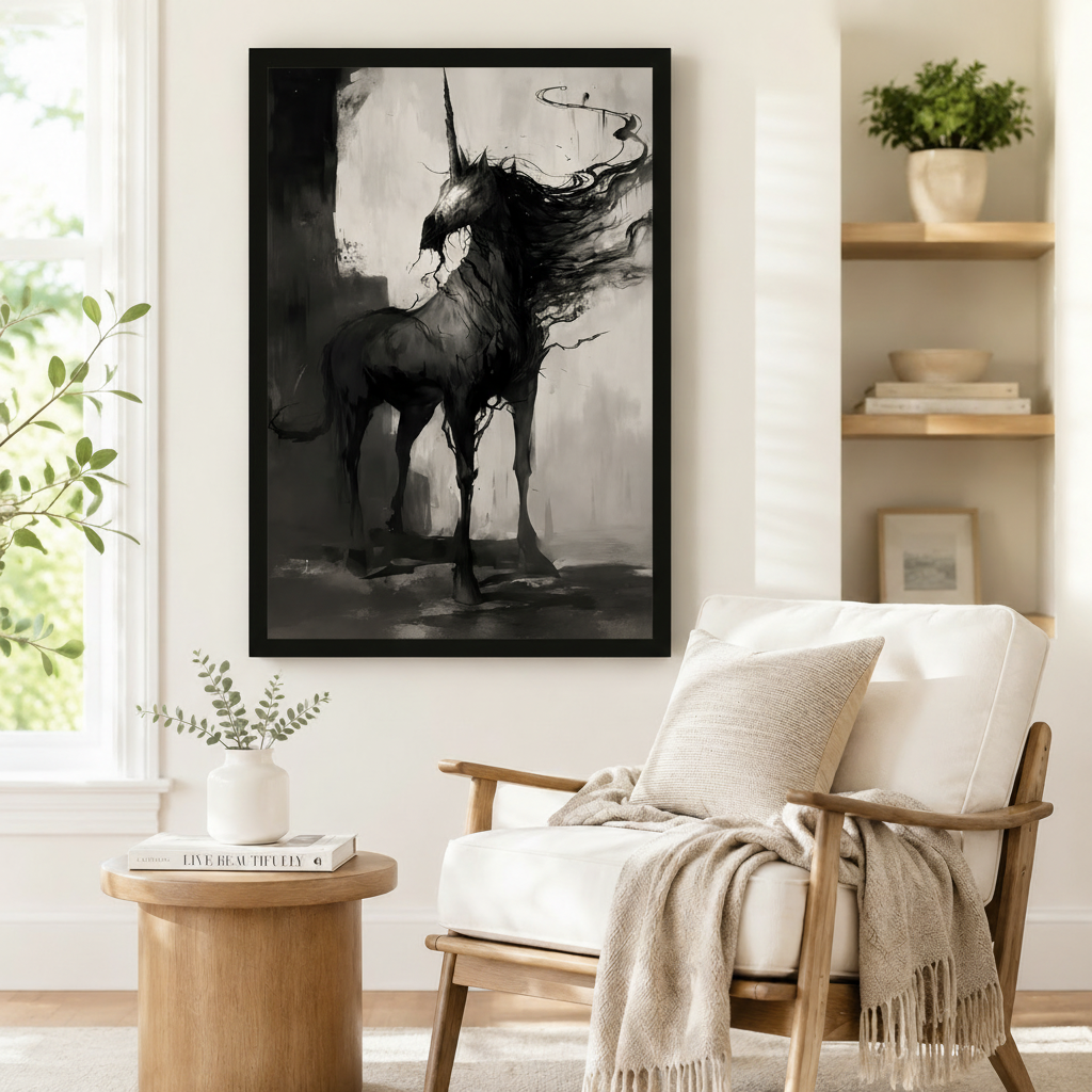 Gothic dark unicorn framed art print on wall beside armchair and round side table in neutral boho room
