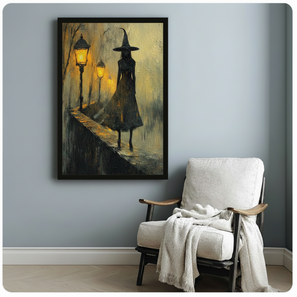 Gothic witch silhouette in wide-brimmed hat walking rainy stone bridge with glowing vintage street lamps, moody impasto canvas wall art in black float frame on blue-gray wall beside white linen armchair with throw blanket