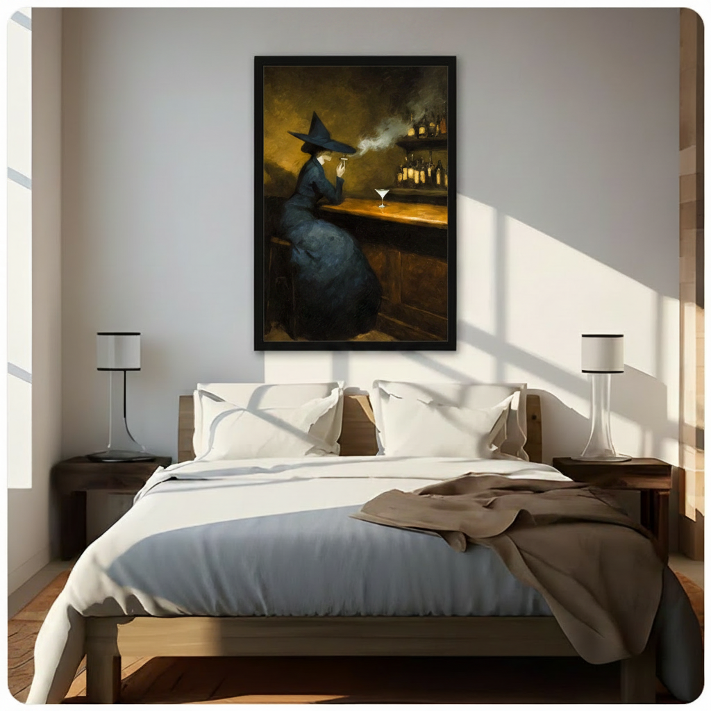 Framed gothic witch bar scene canvas above bed in sunlit bedroom — vintage oil painting of witch in wide-brim hat with martini and smoke