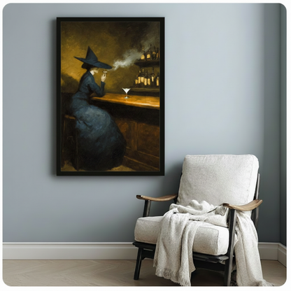 Framed gothic witch bar scene art print on blue-grey wall beside armchair — moody oil painting of witch in hat with cocktail and smoke
