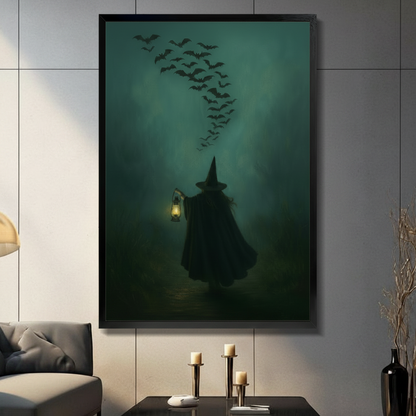 Framed gothic witch wall art with bat swarm and glowing lantern, dark teal canvas print displayed in modern living room above console table