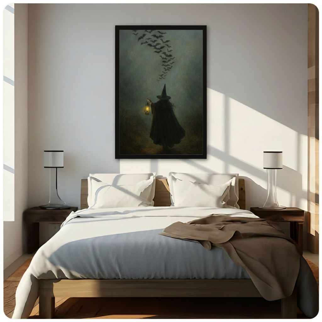 Black framed gothic witch with lantern and bats canvas wall art hung above a bed in a bright minimalist bedroom, adding dark fantasy atmosphere