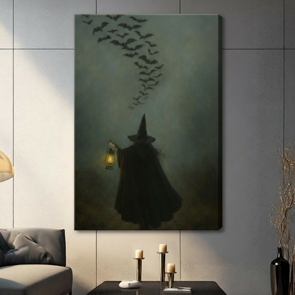 Gallery wrapped canvas art featuring a cloaked witch with a lantern and a flock of bats rising into a dark foggy sky, styled in a contemporary living room