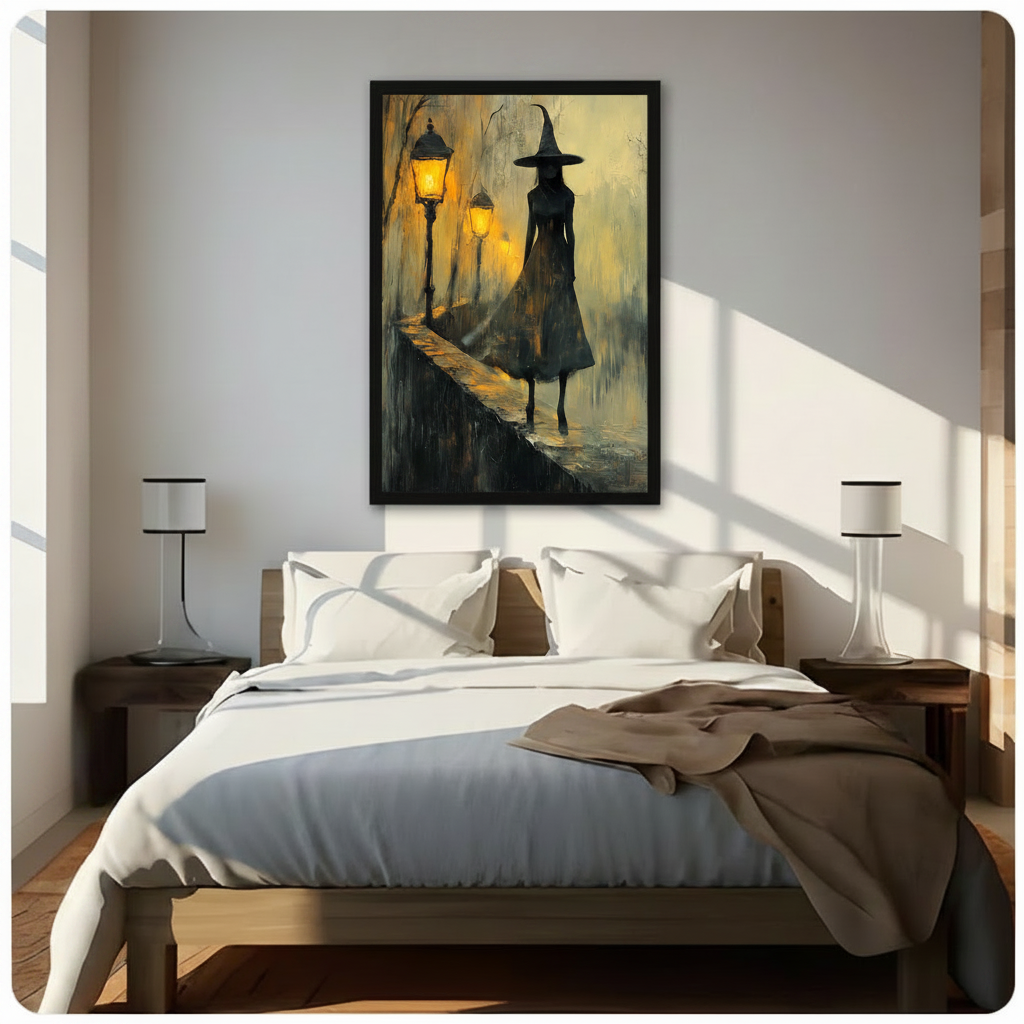 Gothic witch street lamp night scene impasto canvas wall art in black float frame above wooden bed with white linen bedding, warm sunlight with window shadow stripes on white wall in modern American bedroom