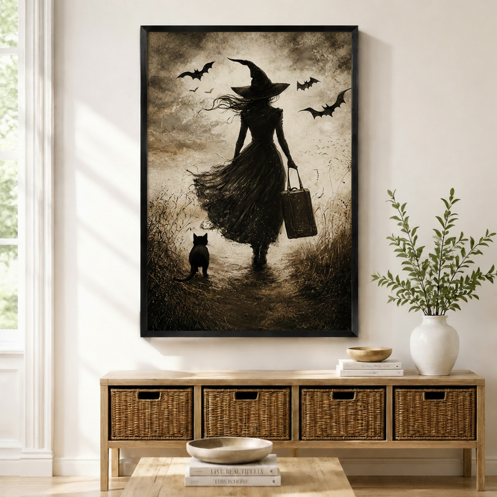Gothic dark art print of a witch silhouette walking with a black cat and bats in a moody sepia landscape