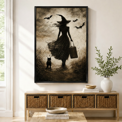 Gothic dark art print of a witch silhouette walking with a black cat and bats in a moody sepia landscape