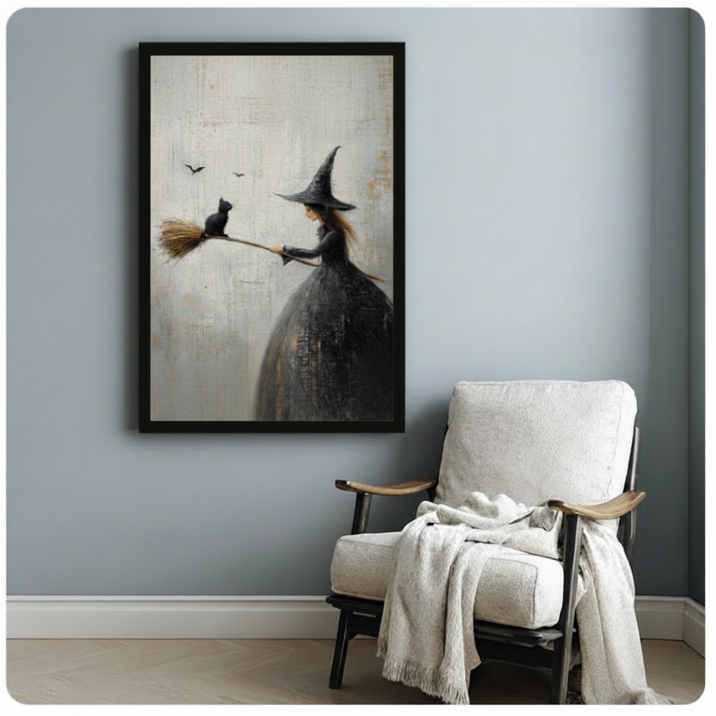 Black framed gothic romantic oil painting young witch in flowing black gown holding broomstick with black cat sitting on broom tip and bats in flight on aged cream textured background canvas print beside white linen armchair on blue-grey wall - enchanting Halloween witch and black cat wall art for reading nook decor