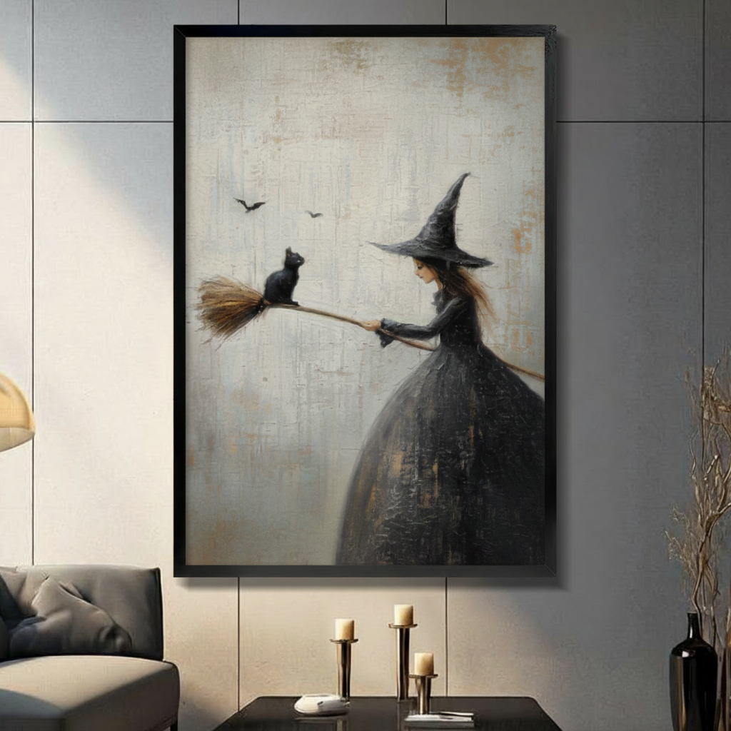 Framed gothic romantic oil painting young witch in black dress holding broomstick with black cat perched on tip and bats flying on aged cream textured background canvas print on dark grey tile wall in modern living room - whimsical Halloween witch and black cat broom wall art for contemporary home decor