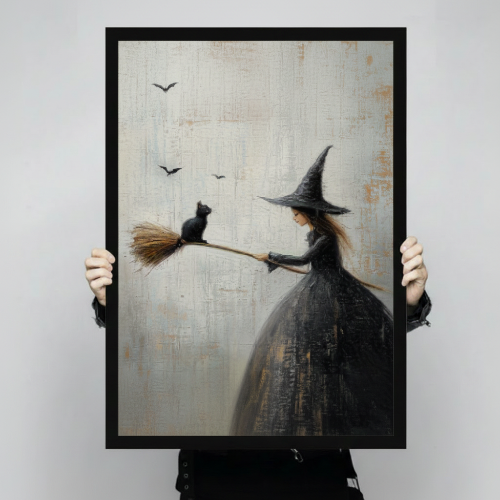 Person holding large framed gothic romantic oil painting young witch in black dress holding broomstick with black cat perched on tip and bats flying on aged cream textured background canvas print with both hands - close up view of whimsical Halloween witch and black cat broom wall art with black frame finish