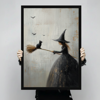 Person holding large framed gothic romantic oil painting young witch in black dress holding broomstick with black cat perched on tip and bats flying on aged cream textured background canvas print with both hands - close up view of whimsical Halloween witch and black cat broom wall art with black frame finish