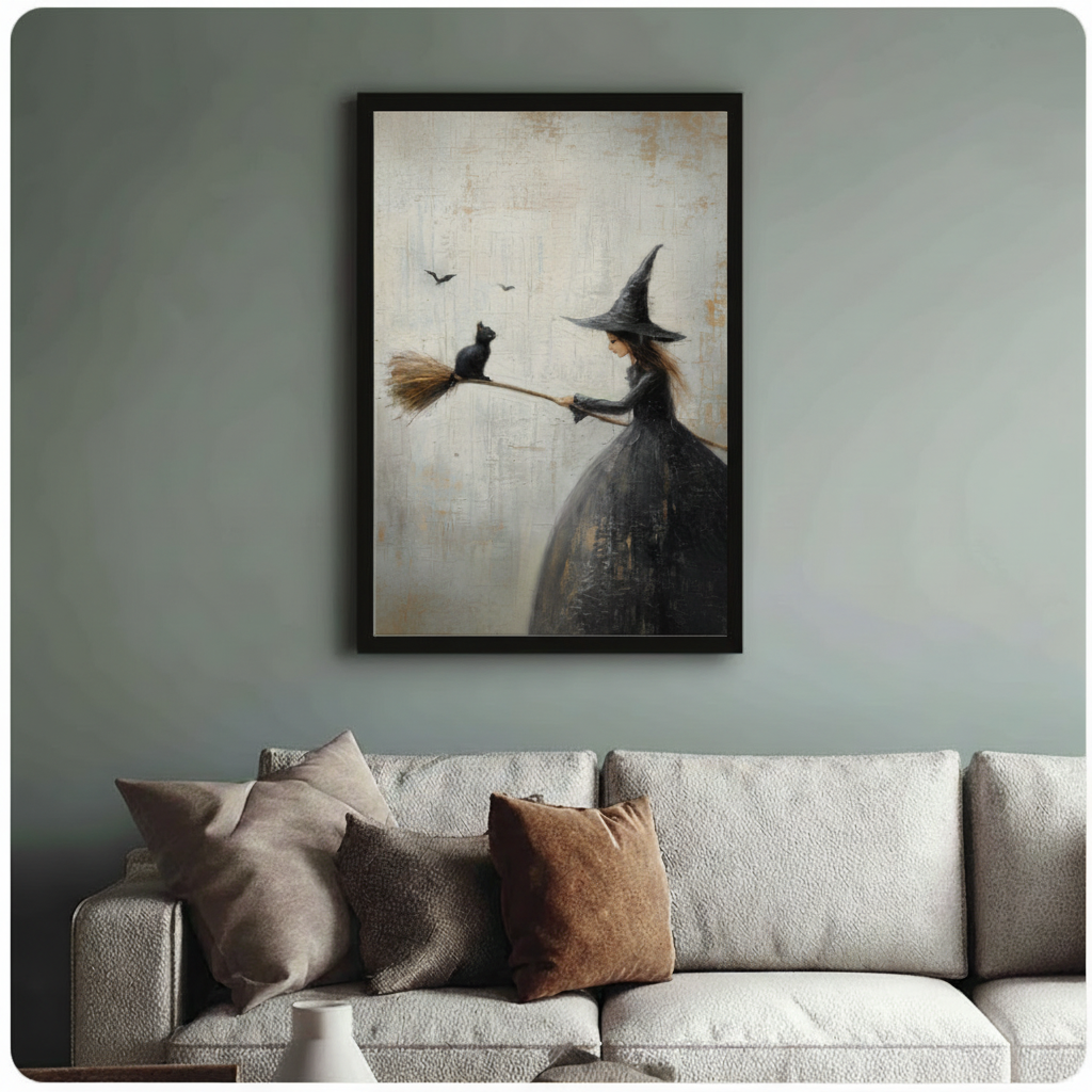 Framed gothic romantic oil painting young witch in black dress holding broomstick with black cat perched on tip and bats flying on aged cream textured background canvas print above cream sofa on sage blue-grey wall - whimsical Halloween witch and black cat broom wall art for stylish living room decor