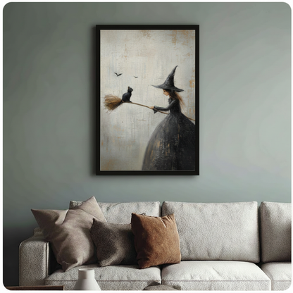 Framed gothic romantic oil painting young witch in black dress holding broomstick with black cat perched on tip and bats flying on aged cream textured background canvas print above cream sofa on sage blue-grey wall - whimsical Halloween witch and black cat broom wall art for stylish living room decor