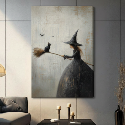 Unframed gothic romantic oil painting young witch in flowing black gown holding broomstick with black cat sitting on broom tip and bats in flight on aged cream textured background canvas print on dark grey tile wall in contemporary living room - enchanting Halloween witch and black cat wall art for modern interior decor