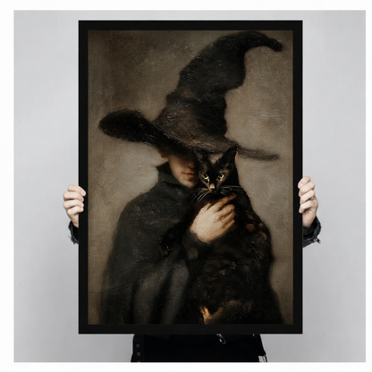 Person holding gothic witch with black cat vintage oil painting canvas art — dark academia wall decor, framed and ready to hang