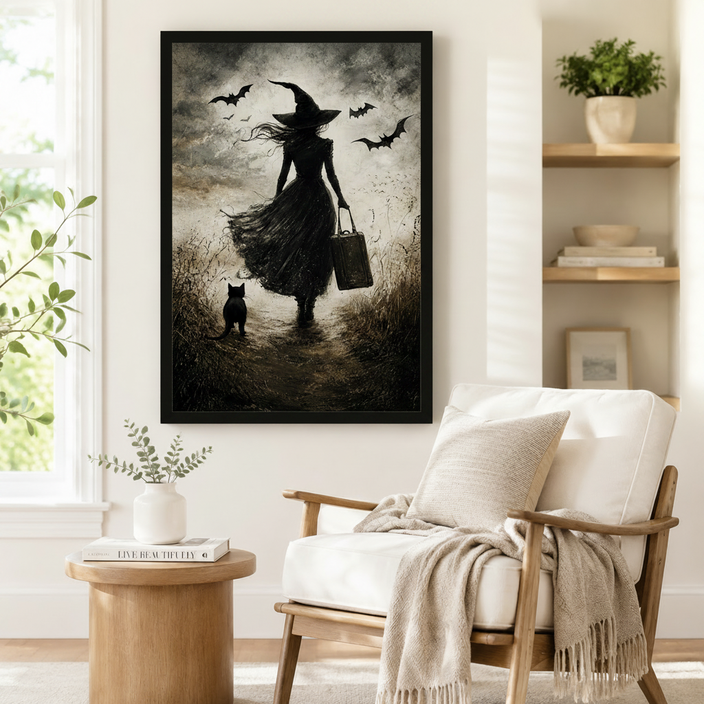 Gallery-wrapped canvas of a gothic witch silhouette with bats and black cat hung above a white linen sofa in a modern living room

