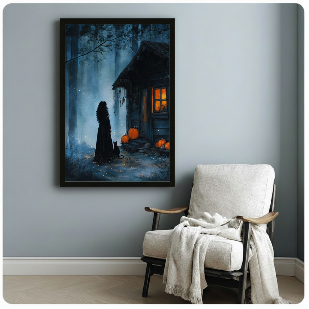 Black-framed gothic art print of a mysterious witch in a flowing black dress with a black cat at her feet, standing before a misty forest cabin with glowing windows and Halloween pumpkins, styled beside a white armchair