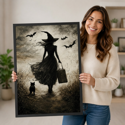 Large black-framed gothic witch and bat wall art styled beside a wooden armchair in a serene neutral reading nook