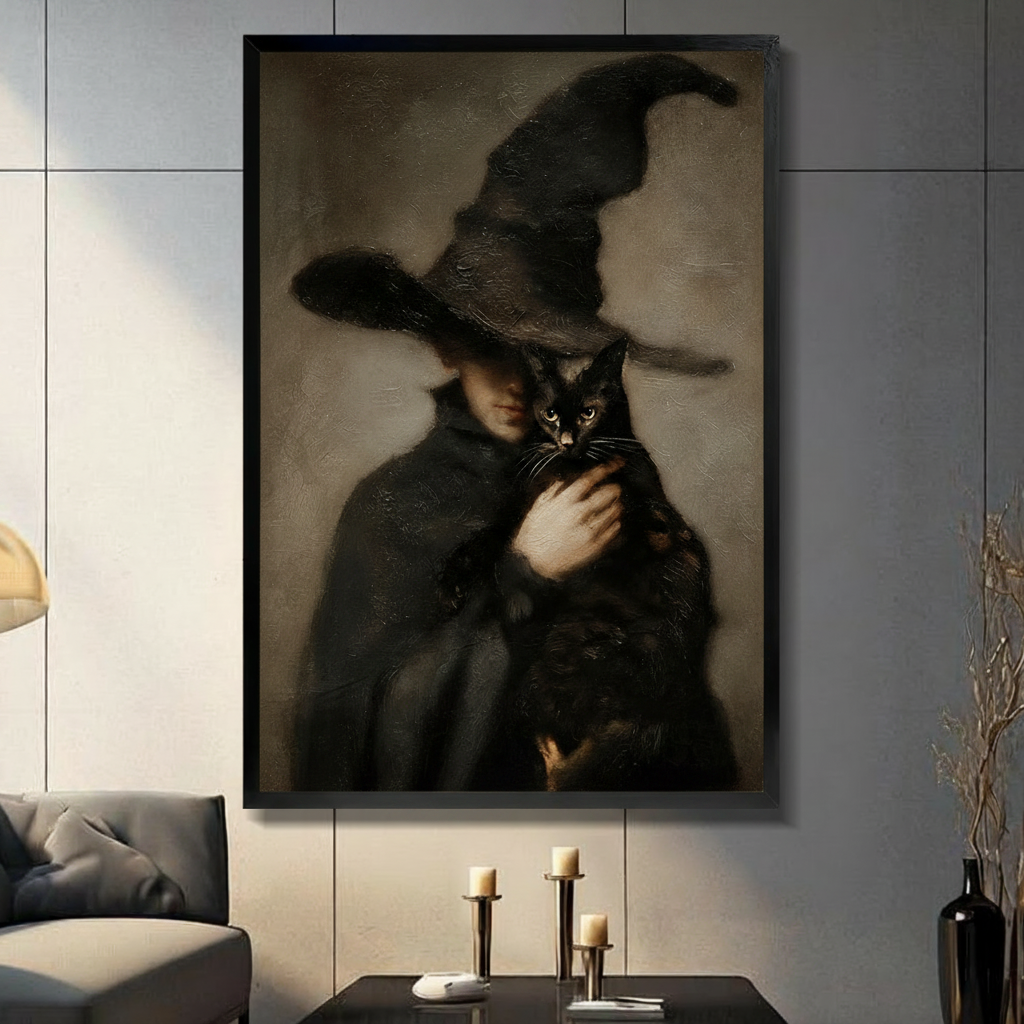 Gothic witch holding black cat framed canvas wall art displayed in a moody dark academia living room with candleholders