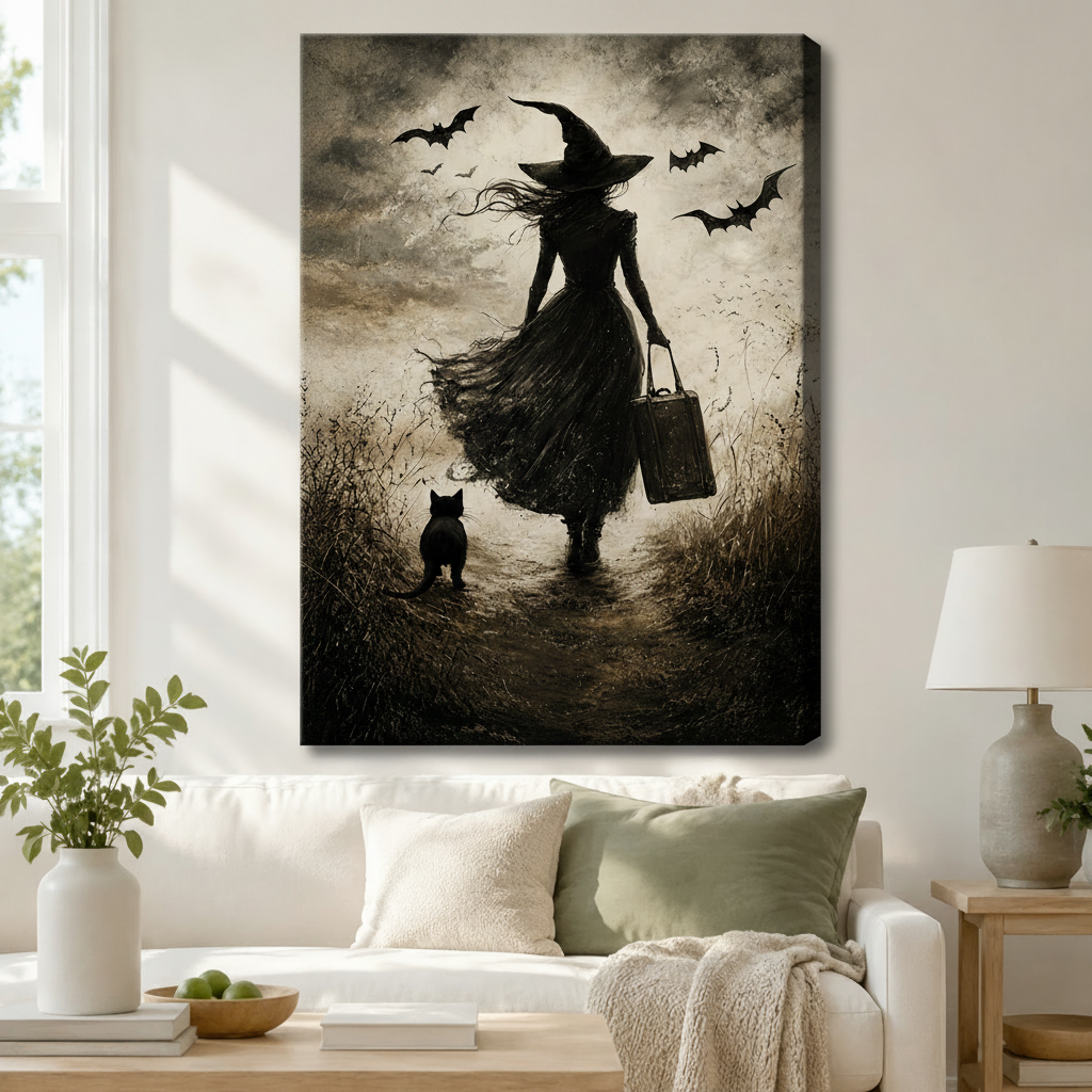 Black-framed gothic witch and black cat wall art print displayed above a rattan console in a bright Scandinavian entryway