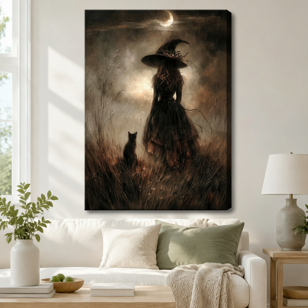 Gallery-wrapped canvas of a gothic witch silhouette with black cat gazing at crescent moon hung above a white linen sofa in a modern living room
