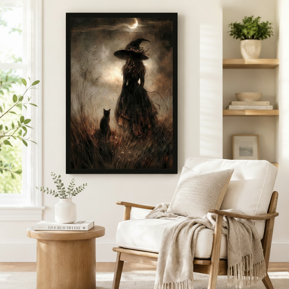 Large black-framed gothic witch and black cat moonlit oil painting styled beside a wooden armchair in a serene neutral reading nook