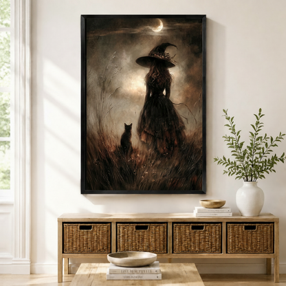 Black-framed gothic witch and black cat under crescent moon wall art print displayed above a wicker console in a bright Scandinavian entryway