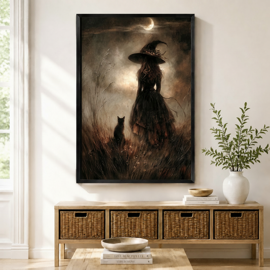 Black-framed gothic witch and black cat under crescent moon wall art print displayed above a wicker console in a bright Scandinavian entryway