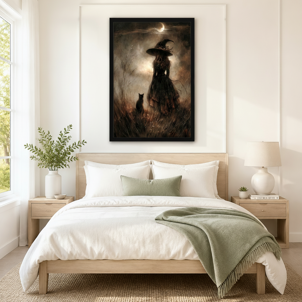 Oversized framed gothic witch silhouette with black cat and glowing crescent moon centered above a neutral linen bed in a calm Scandinavian bedroom
