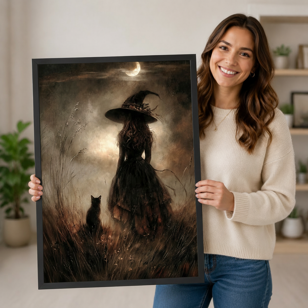 Woman holding a black-framed gothic witch and black cat under crescent moon art print showing scale and dark sepia painting texture

