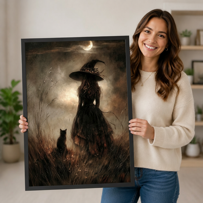Woman holding a black-framed gothic witch and black cat under crescent moon art print showing scale and dark sepia painting texture


